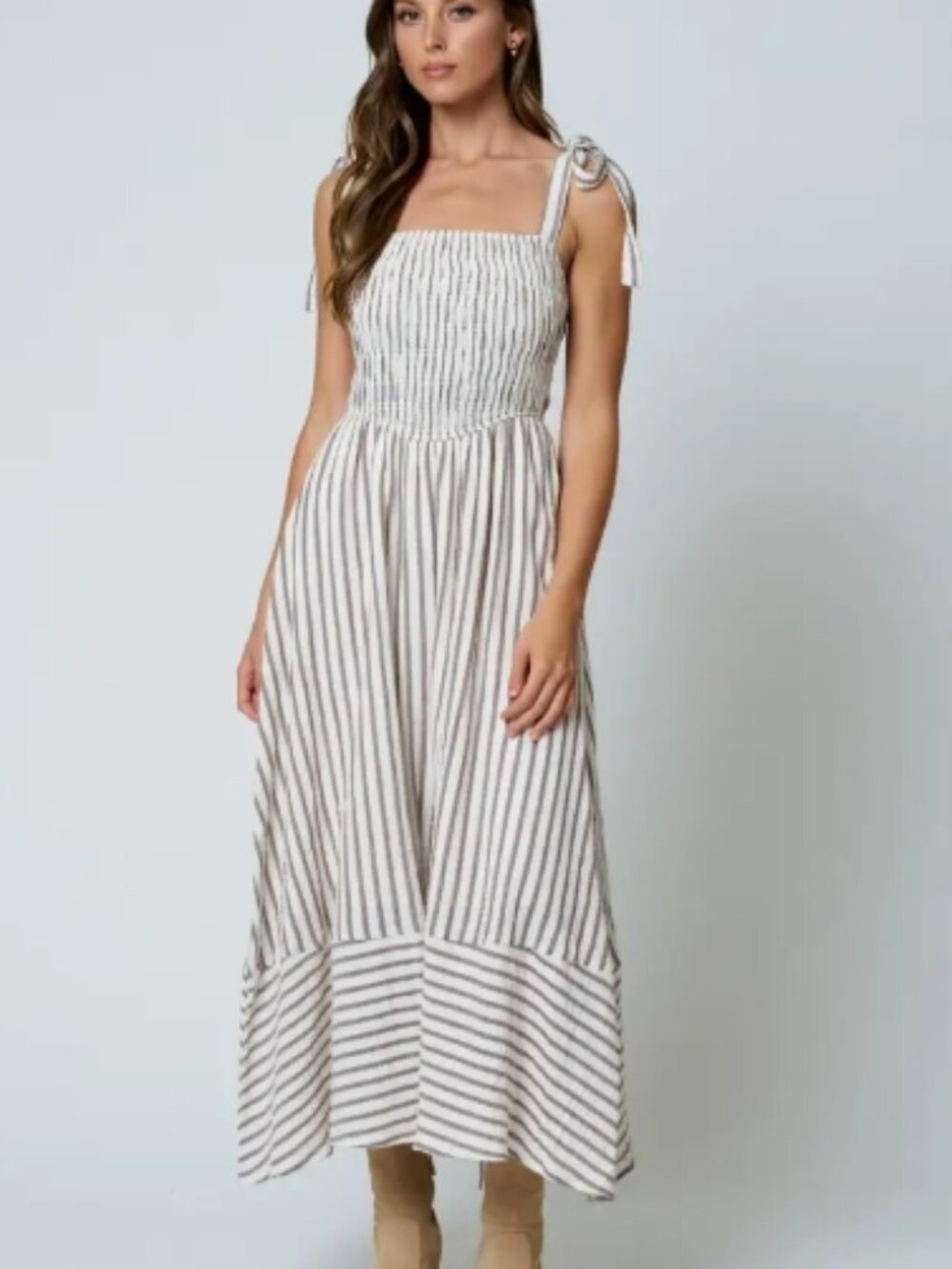 Stripe Smocked Tie Strap Basque Waist Maxi Dress